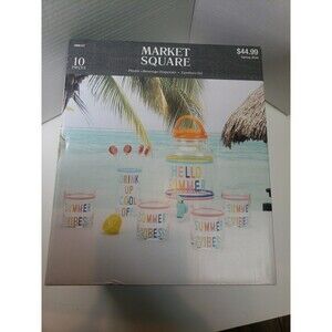New Market Square Plastic Drink Beverage Dispenser With Tumblers Set 10 Pieces